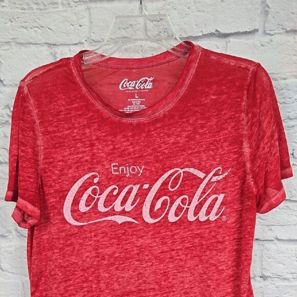 Coca Cola Women's Red Graphic Tee Semi-Sheer Burnout Knit Top Casual T-shirt L - Picture 2 of 6